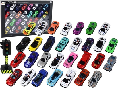 Изображение LeanToys Zestaw Aluminiowych Resoraków W Pudeku 30 Sztuk Autka Sportowe Policyjne