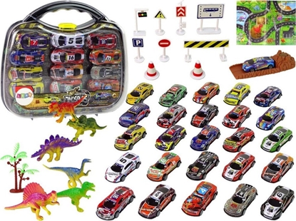 Изображение LeanToys Zestaw Auta Sportowe Resoraki Dinozaury Akcesoria Znaki Drogowe Walizka