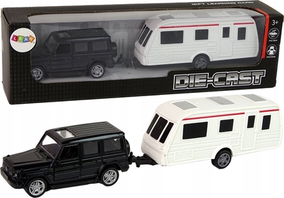 Изображение LeanToys Zestaw Pojazdów Jeep Czarny Przyczepa Kempingowa Metalowe Elementy