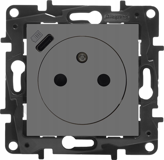 Picture of Legrand adowarka USB-C z gniazdem pojedynczym Legrand Niloe Step 863438 gniazdo z uziemieniem z przesonami adowarka typ C 1,5A stalowy