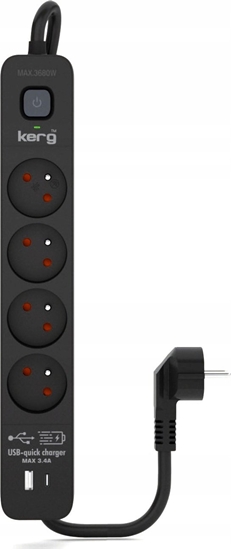 Picture of Listwa zasilajca Kerg Urzdzenie zasilajce zabezpieczajce KERG z wycznikiem 4 gniazda USB-C USB-A czarne 5m 16A H05VV-F 3x1,5mm2