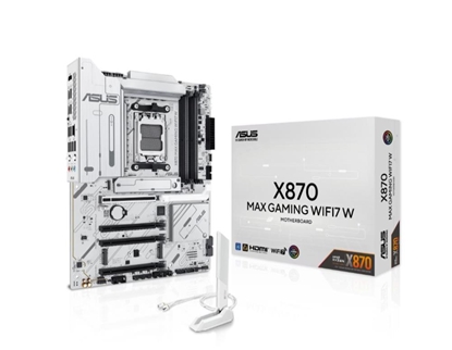Attēls no Mainboard|ASUS|AMD X870|SAM5|ATX|Memory DDR5|Memory slots 4|1xPCI-Express 3.0 16x|2xPCI-Express 4.0 16x|1xPCI-Express 5.0 16x|3xM.2|1xHDMI|4xUSB 2.0|4xUSB 3.2|2xUSB-C|1xOptical S/PDIF|1xRJ45|3xAudio port|X870MAXGAMINGWIFI7W