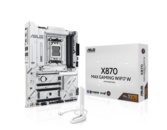 Picture of Mainboard|ASUS|AMD X870|SAM5|ATX|Memory DDR5|Memory slots 4|1xPCI-Express 3.0 16x|2xPCI-Express 4.0 16x|1xPCI-Express 5.0 16x|3xM.2|1xHDMI|4xUSB 2.0|4xUSB 3.2|2xUSB-C|1xOptical S/PDIF|1xRJ45|3xAudio port|X870MAXGAMINGWIFI7W