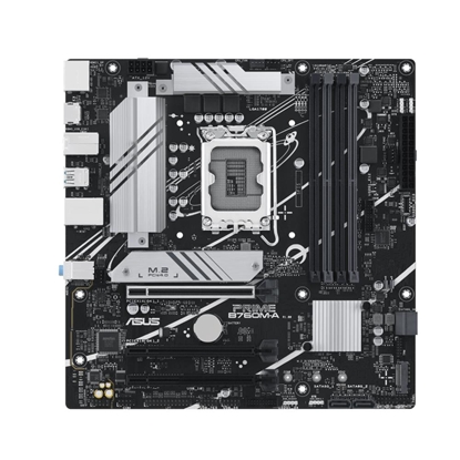 Attēls no Mainboard|ASUS|Intel B760 Express|LGA1700|Micro-ATX|Memory DDR5|Memory slots 4|2xPCI-Express 4.0 16x|2xM.2|1xHDMI|2xDisplayPort|4xUSB 2.0|2xUSB 3.2|1xPS/2|1xRJ45|3xAudio port|PRIMEB760M-A-CSM