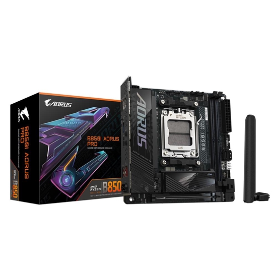 Изображение Mainboard|GIGABYTE|AMD B850|SAM5|Mini-ITX|Memory DDR5|Memory slots 2|1xPCI-Express 16x|2xM.2|1xHDMI|2xUSB 2.0|2xUSB 3.2 type B|2xUSB 3.2|1xUSB-C|1xRJ45|2xAudio port|B850IAORUSPRO