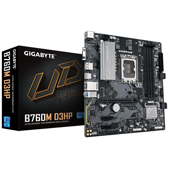 Picture of Mainboard|GIGABYTE|Intel B760 Express|LGA1700|Micro-ATX|Memory DDR5|Memory slots 4|2xPCI-Express 3.0 1x|1xPCI-Express 4.0 16x|2xM.2|1x15pin D-sub|1xHDMI|1xDisplayPort|2xUSB 2.0|5xUSB 3.2|1xUSB-C|1xPS/2|1xRJ45|3xAudio port|B760MD3HP1.0