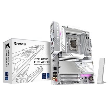 Attēls no Mainboard|GIGABYTE|Intel Z890|LGA1851|ATX|Memory DDR5|Memory slots 4|2xPCI-Express 4.0 4x	|1xPCI-Express 5.0 16x|4xM.2|1xDisplayPort|4xUSB 2.0|5xUSB 3.2|1xUSB-C w/Thunderbolt|1xOptical S/PDIF|1xRJ45|2xAudio port|Z890AELITEWF7ICE