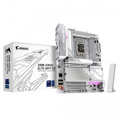 Attēls no Mainboard|GIGABYTE|Intel Z890|LGA1851|ATX|Memory DDR5|Memory slots 4|2xPCI-Express 4.0 4x	|1xPCI-Express 5.0 16x|4xM.2|1xDisplayPort|4xUSB 2.0|5xUSB 3.2|1xUSB-C w/Thunderbolt|1xOptical S/PDIF|1xRJ45|2xAudio port|Z890AELITEWF7ICE