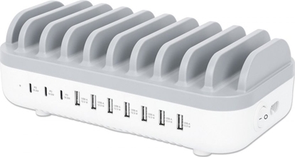 Изображение Manhattan Charging Station, 10x Ports: 3x USB-C (up to 18W PD) and 7x USB-A (up to 12W), 120W Total Output, White/Grey, Three Year Warranty, Box