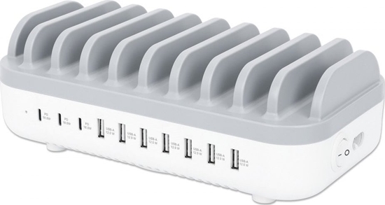 Изображение Manhattan Charging Station, 10x Ports: 3x USB-C (up to 18W PD) and 7x USB-A (up to 12W), 120W Total Output, White/Grey, Three Year Warranty, Box
