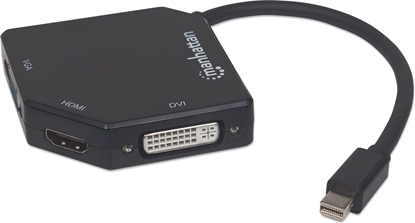Picture of Manhattan Mini DisplayPort 1.2 to HDMI, DVI and VGA Adapter Cable (3-in-1), 25cm, Black, Male to Female, Passive, HDMI 4K@30Hz, VGA and DVI 1080p@60Hz, Equivalent to MDP2VGDVHD, Compatible with DVD-D, Three Year Warranty, Blister