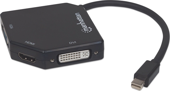 Picture of Manhattan Mini DisplayPort 1.2 to HDMI, DVI and VGA Adapter Cable (3-in-1), 25cm, Black, Male to Female, Passive, HDMI 4K@30Hz, VGA and DVI 1080p@60Hz, Equivalent to MDP2VGDVHD, Compatible with DVD-D, Three Year Warranty, Blister