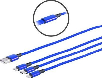 Attēls no Kabel USB MicroConnect USB-A - USB-C + microUSB + Lightning 1.2 m Niebieski (MC-USBA-3WAY)