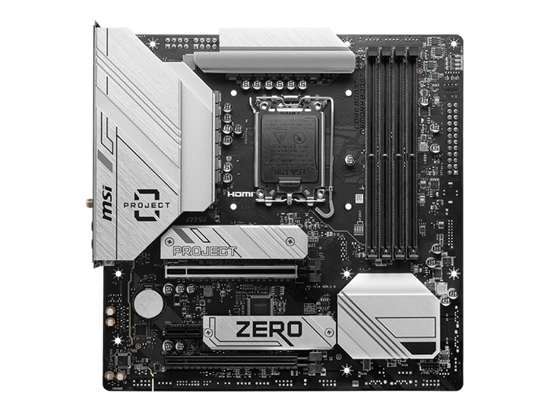 Picture of MSI B760M PROJECT ZERO | Processor family Intel | Processor socket LGA1700 | DDR5 | Supported hard disk drive interfaces SATA, M.2 | Number of SATA connectors 4