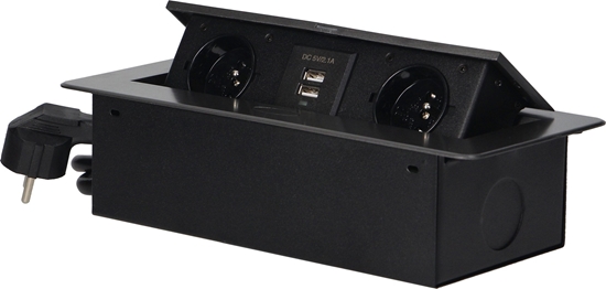 Picture of Orno Gniazdo meblowe 2x 2P+Z + adowarka 2x USB 2,1A Orno OR-AE-13126/G srebrne z przewodem 1,5m z paskim frezowanym rantem wpuszczane w blat otwór montaowy 112x227mm