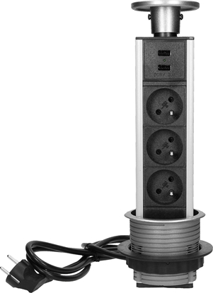 Picture of Orno Gniazdo meblowe Orno FS-17 potrójne wysuwane z blatu z adowark USB i przewodem 1,8m 3x2P+Z inox