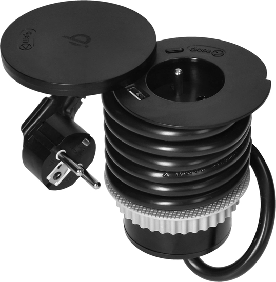 Picture of Orno Gniazdo meblowe Orno OR-GM-9028 O6cm z rotacyjn pokryw adowark indukcyjn adowark USB i przewodem 1,5m 1x2P+Z, Qi 1.2.4 max. 10W 2xUSB (typ A i typ C, 2,4A)czarne