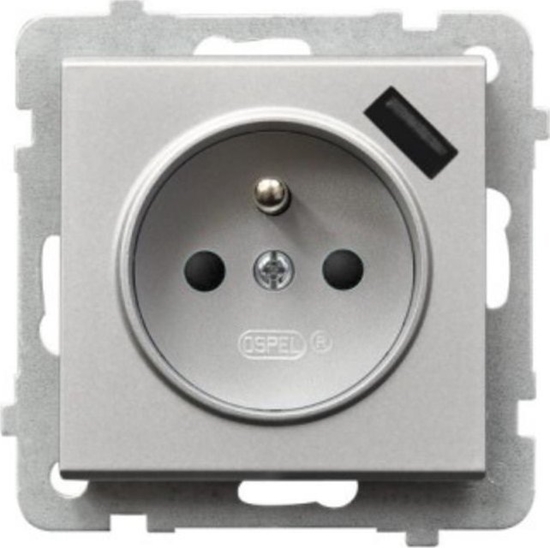 Picture of Ospel Gniazdo pojedyncze Ospel Sonata GP-1RZPUSB/m/38 z uziemieniem z przesonami z adowark USB 2,1A srebrny mat
