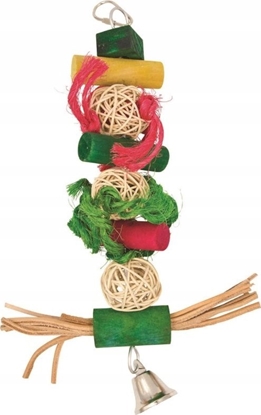 Picture of Panama Pet Panama Pet wiszca zabawka z kolorowymi kulkami wiklinowymi, drewnianymi klockami, skórzanymi paskami i dzwonkiem 28 cm