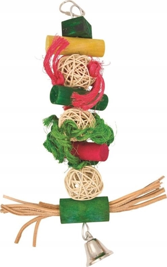 Picture of Panama Pet Panama Pet wiszca zabawka z kolorowymi kulkami wiklinowymi, drewnianymi klockami, skórzanymi paskami i dzwonkiem 28 cm