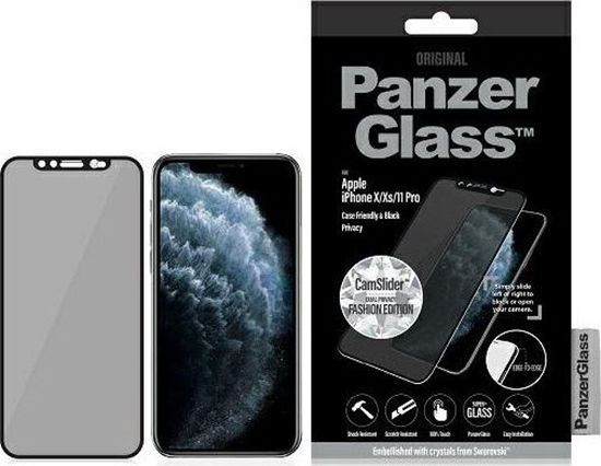 Изображение PanzerGlass Szko hartowane do iPhone X/Xs/11 Pro Case Friendly Swarovski CamSlider Privacy Black (P2680)