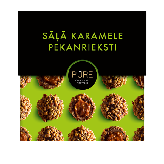 Picture of Piena šokolādes trifeles ar sāļās karameles krēma pildījumu un pekanrieksta dekoru 110 g, PURE
