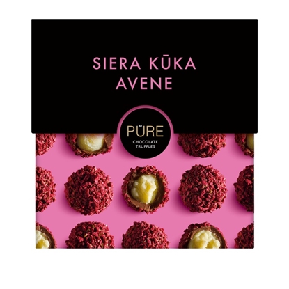 Picture of Piena šokolādes trifeles ar siera kūkas garšas krēma pildījumu un aveņu dekoru 96g, PURE