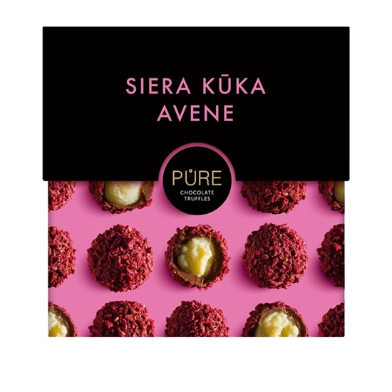 Изображение Piena šokolādes trifeles ar siera kūkas garšas krēma pildījumu un aveņu dekoru 96g, PURE