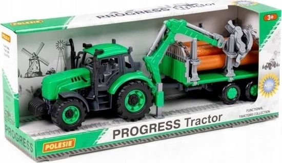 Picture of Polesie Polesie 96487 Traktor Progres inercyjny z podnonikiem i przyczep do przewozu drewna, zielony w pudeku