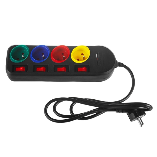 Изображение Przedłużacz 1,5m 250VAC 10A 4 gniazda MCE508 B Port USB-C Quick charge 2.0 IP20 