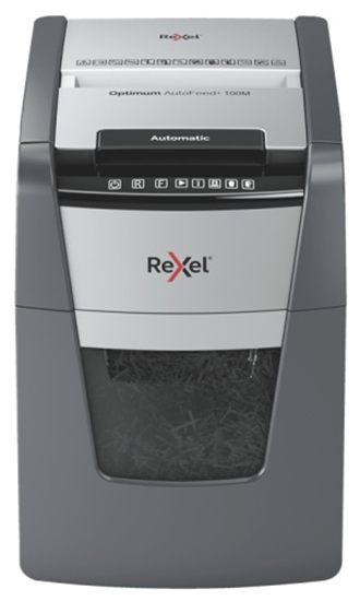 Picture of Rexel Optimum AutoFeed+ 100M Paper Shredder, Micro-cut shredding 2x15mm P-5 34L 55dB, Grey/Black