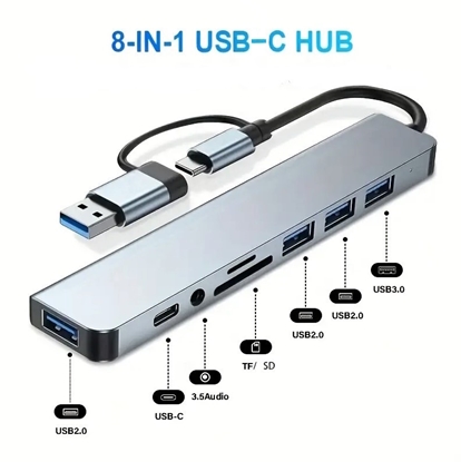Picture of Riff VSZAPOWER 8-in-1 universāls alumīnija 8 portu USB C tipa centrmezgls - komplektā ietilpst USB 3.0, 3 USB 2.0 porti, Micro SD/TF karšu lasītājs, audio/mikrofona ligzda Sudrabs