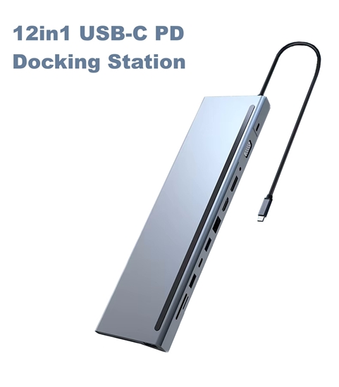 Picture of RoGer MST Docking Station 12in1 PD Docking Station for Laptop USB-C to HDMI / DisplayPort / VGA / USB-C PD / 3x USB / Audio / LAN / SD / TF