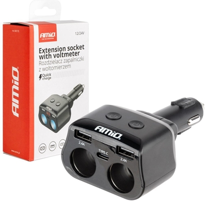 Attēls no Rozdzielacz rozganik gniazda zapalniczki 2x usb 1x usb-c 12v 24v + woltomierz amio-04173