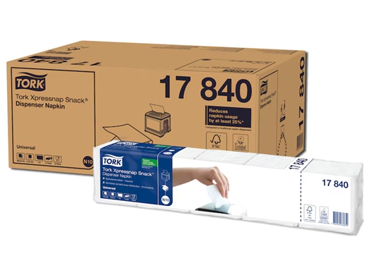 Изображение Salvetes dozatoram TORK XPRESSNAP SNACK, 1 sl., loksnes izmērs 21.3 x 21.6 cm, 5 x 225 salvetes, baltā krāsā
