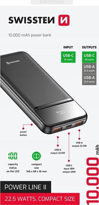 Attēls no Swissten Power Line II Power Bank 10000 mAh