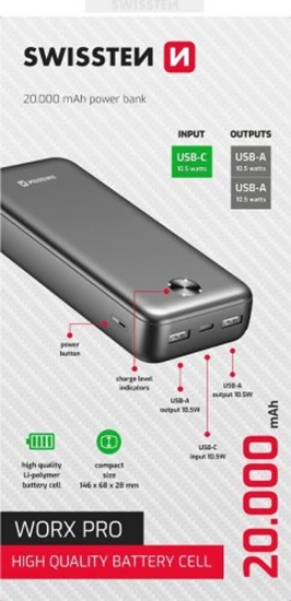Picture of Swissten Power Worx Pro Power Bank Ārējas Uzlādes Baterija 20000 mAh