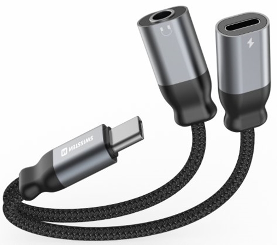 Picture of Swissten Textile USB-C / USB-C / Aux 3.5mm Charging Audio Adapter 0.12m