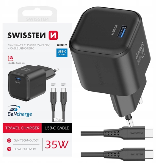Picture of adowarka Swissten Travel Charger GaN USB-C 35W PD + Data Cable USB-C 1.2m