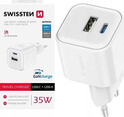 Picture of Swissten Travel Charger GaN USB-C 35W PD / USB-A 27W QC
