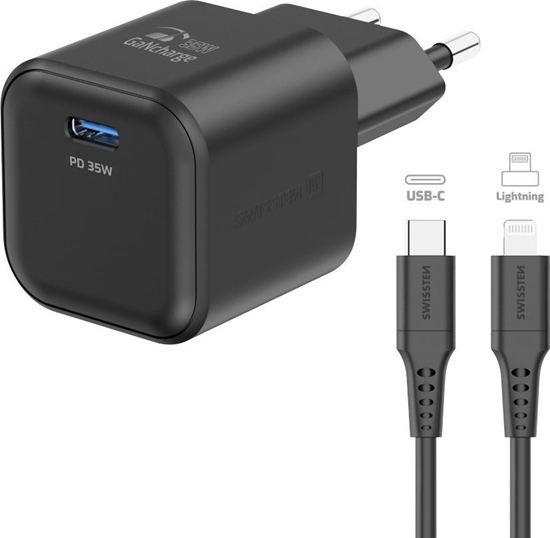 Изображение Swissten Travel Charger GaN USB-C 35W PD + Data Cable USB-C - Lightning 1.2m