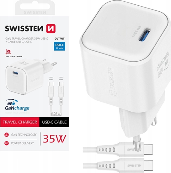 Изображение Swissten Travel Charger GaN USB-C 35W PD + Data Cable USB-C - USB-C 1.2m
