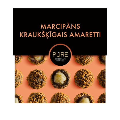 Picture of Šokolādes trifeles ar marcipāna krēma pildījumu un kraukšķīgo Amareto cepumu dekoru  96g, PURE