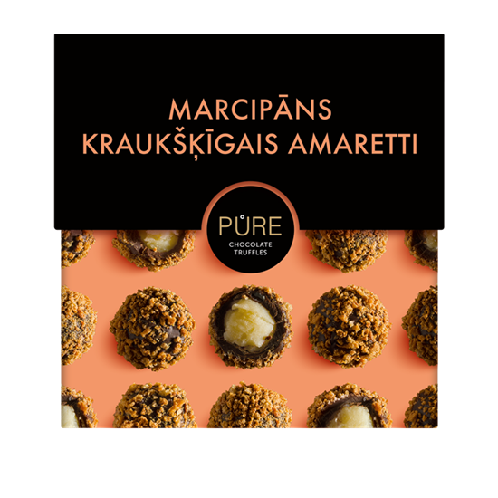Изображение Šokolādes trifeles ar marcipāna krēma pildījumu un kraukšķīgo Amareto cepumu dekoru  96g, PURE
