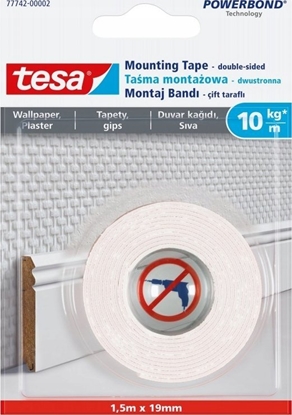 Picture of Tesa assembly line, 1,5m x 19mm, for wallpaper and plaster, up to 10kg/m, white