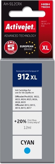 Изображение Tusz Activejet Tusz Activejet AH-912CRX (zamiennik HP 912XL 3YL81AE; Premium; 990 stron; niebieski)