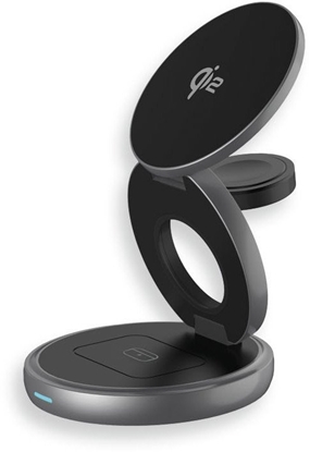 Изображение Twist 3-in-1, wireless Qi2 charging station for iPhone (15W), AppleWatch (2.5W) & AirPods (5W), Qi2 certified, magnetic charging pads with stand function, foldable, power adapter 30W, USB-C charging cable 1 m, space gray