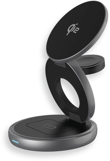 Изображение Twist 3-in-1, wireless Qi2 charging station for iPhone (15W), AppleWatch (2.5W) & AirPods (5W), Qi2 certified, magnetic charging pads with stand function, foldable, power adapter 30W, USB-C charging cable 1 m, space gray