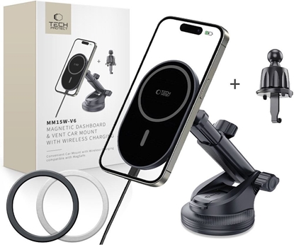 Attēls no Uchwyt samochodowy na kokpit / szyb / do kratki z adowark 15W + 2x blaszki magnetyczne Tech-Protect MM15W-V6 Magnetic MagSafe Dashboard & Vent Car Mount Wireless Charger 15W Black
