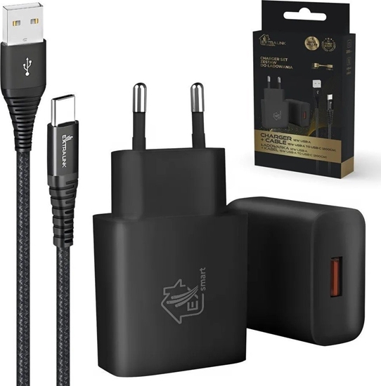 Picture of adowarka ExtraLink EXTRALINK SMART LIFE SET01 CABLE + CHARGER: 15W 5V 3A, USB-USB-C, 200CM / 12W 5V 2.4A (BLACK)